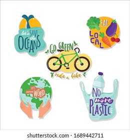 Ecological stickers. Collection of ecology stickers with slogans