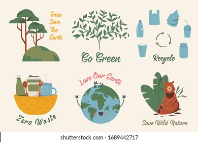 Ecological stickers. Collection of ecology stickers with slogans