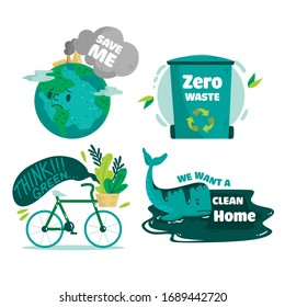 Ecological stickers. Collection of ecology stickers with slogans