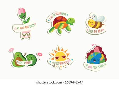 Ecological stickers. Collection of ecology stickers with slogans