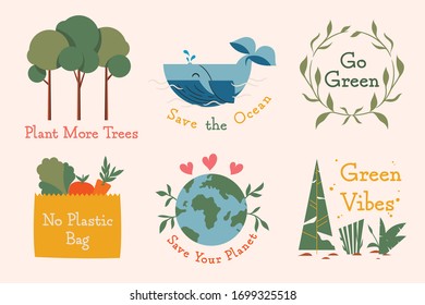 Ecological stickers. Collection of ecology stickers with slogans