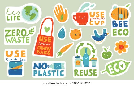 Ecological stickers. Collection of ecology stickers with slogans - eco life, zero waste, use lunch box, use your own bag, use your cup, bee eco, reuse. Bundle of bright vector design elements. Bird.