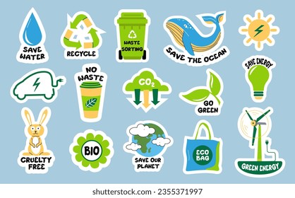 Ecological stickers. Collection of ecology stickers with slogans - no waste, recycle, waste sorting, save energy, save water, bio, save the ocean, eco bag. Bundle of bright vector design elements. 