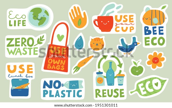 Ecological Stickers Collection Ecology Stickers Slogans Stock Vector ...