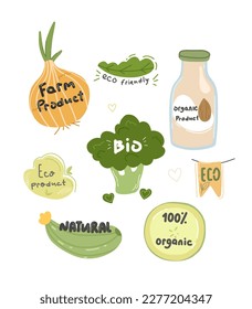 Ecological stickers. Collection of environmental stickers with slogans - no plastic, eco bag, eco friendly