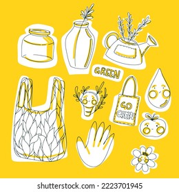 Ecological stickers. Ecology stickers with zero waste, use your own bag, use your cup, reuse. Bright vector design elements.