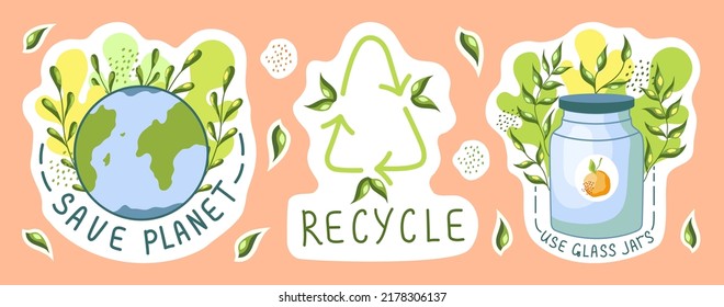 Ecological stickers. Environment protection, sustainability concept. Recycle, save the planet, and use glass jars. Reuse. Vector illustration.
