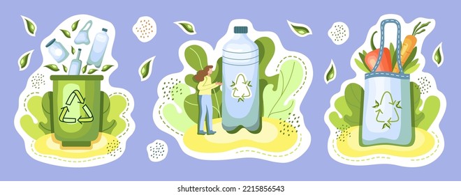 Ecological stickers. Environment protection, sustainability concept. No plastic, safe planet, use your own bag. Reuse. Recycle. Vector illustration.