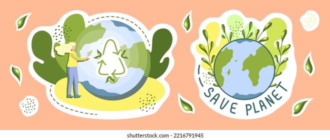 Pegatinas ecológicas. Protección del medio ambiente, concepto de sostenibilidad. Planeta seguro. Reutilizar. Reciclar. Ilustración vectorial.