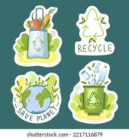 Pegatinas ecológicas. Protección del medio ambiente, concepto de sostenibilidad. No hay plástico, planeta seguro, usa tu propia bolsa. Reutilizar. Reciclar. Ilustración vectorial.