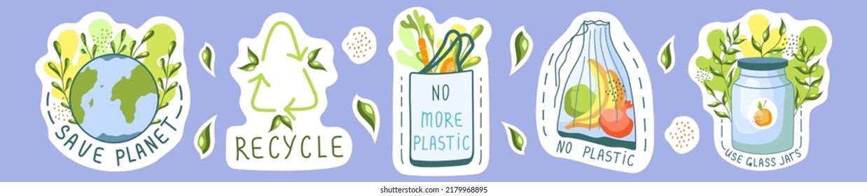 Ecological stickers. Recycle. Environment protection, sustainability concept. No plastic, safe planet, use your own bag. Vector illustration.