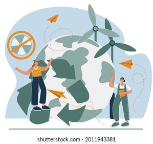 Entwicklung ökologischer Strategien. Zugang zu natürlichen Ressourcen. Ökologen Zeichentrickfiguren. Umweltschild, Umweltschutz, Weltrettung. Vektor-einzelne Concept-Metapher