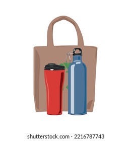 Ecological stuff - brown ecobag, red thermo mug and blue thermos