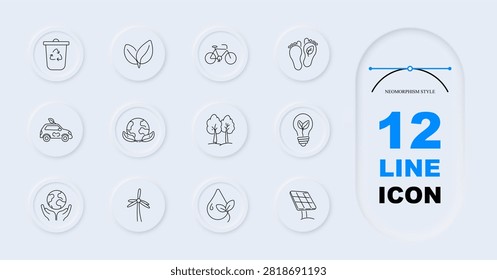 Ecological sustainability set icon. Neomorphism collection with recycling containers, renewable energy, electric transportation, environmental conservation, botanical graphics.