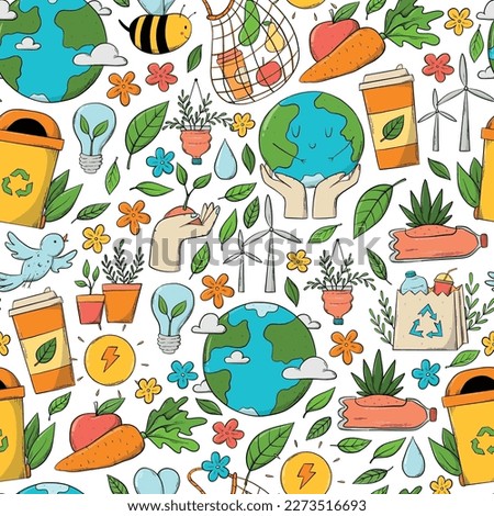 Ecological sustainability, zero waste, environment protection seamless pattern with doodles, clip art, etc. Good for wallpaper, packaging, wrapping paper, backgrounds, etc. EPS 10
