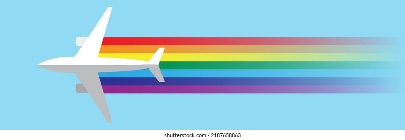 Ecological and sustainable air transport. Airplane with the rainbow colored trail. Vector illustration, banner