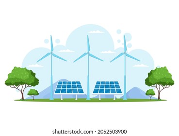 Ecological Sustainable Energy Supply Background Vector Flat Illustration Power Plant Station Buildings With Solar Panels, Gas, Geothermal, Renewable, Water and Wind Turbines