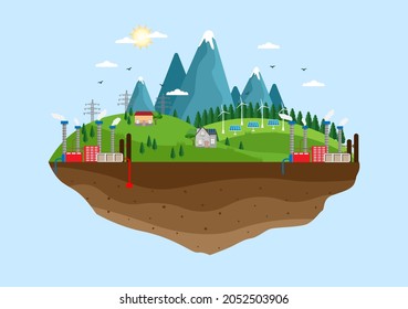 Vector de fondo de suministro ecológico de energía sostenible de iluminación plana Edificios de la central eléctrica con paneles solares, gas, turbinas geotérmicas, renovables, de agua y eólicas