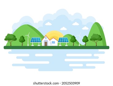 Ecological Sustainable Energy Supply Background Vector Flat Illustration Power Plant Station Buildings With Solar Panels, Gas, Geothermal, Renewable, Water and Wind Turbines