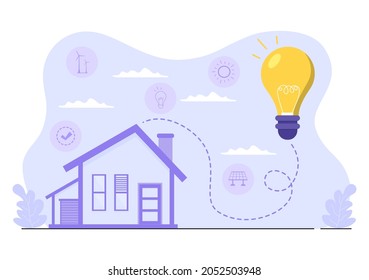 Ecological Sustainable Energy Supply Background Vector Flat Illustration Power Plant Station Buildings With Solar Panels, Gas, Geothermal, Renewable, Water and Wind Turbines