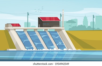 Ecological sustainable hydropower energy flat composition with suburb hydroelectric dam using river water environmental system vector illustration