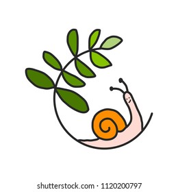 Ecological symbol logo with snail shell and green plant leaf. Ecology and nature concept. For gardening, environment, tourism topics. Flat silhouette vector icon on white background