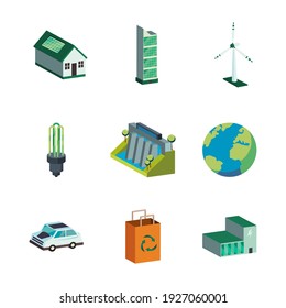 Ecological symbol set isometric design, Save energy power eco sustainable and environmental theme Vector illustration