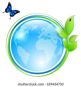 Ecological symbol - shiny abstract globe and green leaves with water drops, ladybug and blue butterfly. Vector illustration.