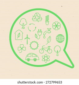 Ecological talk bubble with signs of environmental protection. Vector.