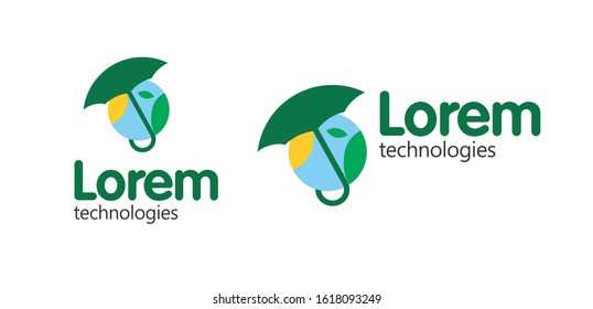 Ecological technologies, environment protection, environment friendly and safe technologies company logo concept. Umbrella and green leaves. Blue circle on the background. Editable EPS vector