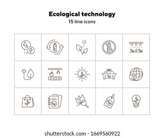 Ecological technology icons. Set of line icons. No plastic, recycling, label. Eco technology concept. Vector illustration can be used for topics like ecology, technology, environment