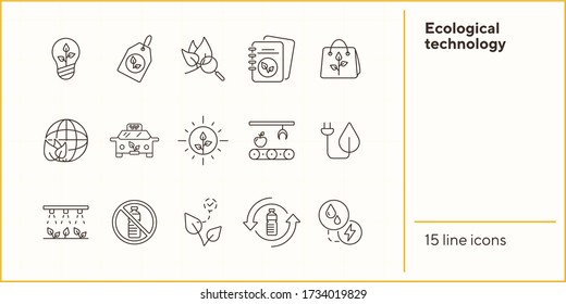 Ecological technology icons. Set of line icons. No plastic, recycling, label. Eco technology concept. Vector illustration can be used for topics like ecology, technology, environment