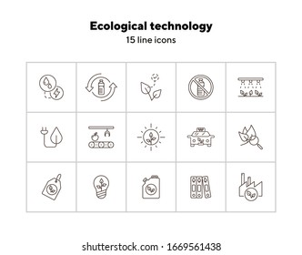 Symbole der ökologischen Technologie-Linie. Satz von Zeilensymbolen. Benzin, Taxi, Etikett. Konzept der Umwelttechnologie. Vektorillustration-Illustration kann für Themen wie Ökologie, Technik, Umwelt verwendet werden