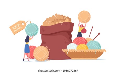 Ecological Textile, Handcraft Hobby Concept. Tiny Girls at Huge Sack with Cashmere Wool, Knitting Needles and Clews. Women Knitwork, Knit Warm Clothing, Needlework. Cartoon People Vector Illustration