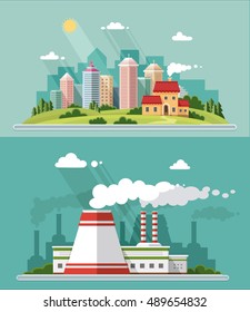 Ecological theme. Country house on the background of the city. plant, manufactory, power, factory, nuclear Energetics. Flat illustrations