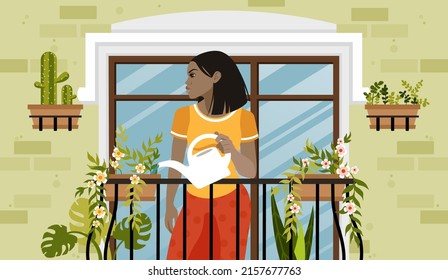 Ecological thinking. Balcony garden. A young African American woman is watering flowers and taking care of a small balcony garden. Vector illustration in flat cartoon style.