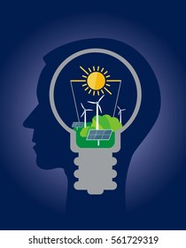 

Ecological thinking green energy.
Stylized Male head silhouette with light bulb, wind turbine and solar panels symbolizing the ecological thinking. Vector available. 