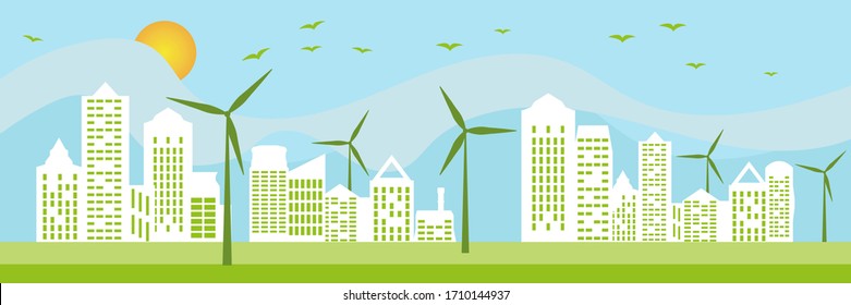 Concepto de ciudad ecológica y conservación del medio ambiente. Energía renovable con generadores eólicos. Ilustración vectorial.