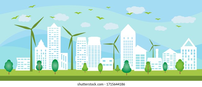 Ecological town concept and environment conservation. Renewable energy with a wind generators. Vector Illustration.
