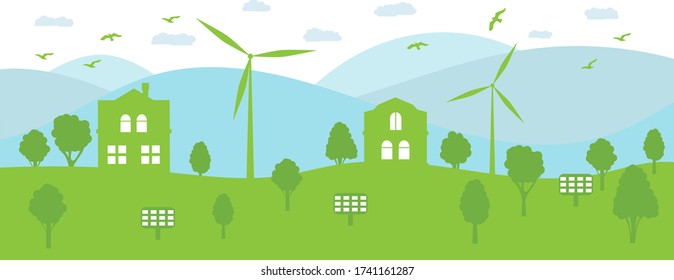 Ecological town concept and environment conservation. Renewable energy with a wind generators and solar panels. Vector Illustration.