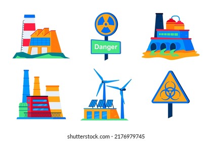 Ecological and toxic production - flat design style icons set. High quality colorful images of modern eco-friendly and obsolete factories, polluting air and water with harmful emissions. Radiation