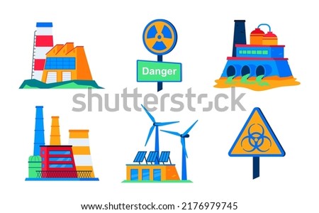 Ecological and toxic production - flat design style icons set. High quality colorful images of modern eco-friendly and obsolete factories, polluting air and water with harmful emissions. Radiation