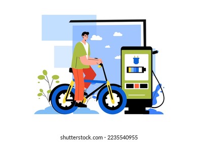 Ecological transport color concept with people scene in the flat cartoon design. Man moves around city on an electrical bicycle so as not to pollute the air. Vector illustration.