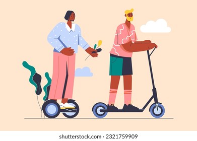 Ecological transport concept with people scene in the flat cartoon style. Friends move around the city on ecological transport. Vector illustration.