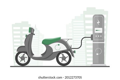 Ecological transport powered by energy sources. The electric motorcycle is charged from a power source. Against the backdrop of a green city. Vector illustration isolated on white background.