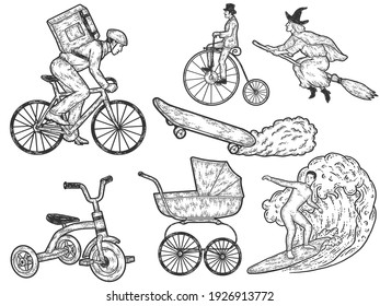 Ecological transport set. Sketch scratch board imitation. Black and white.