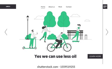 Ecological Transport Website Landing Page. People Driving Scooter Bike Skateboard Rollers Spend Active Leisure in Park. Eco Transportation Web Page Banner. Cartoon Flat Vector Illustration, Line Art