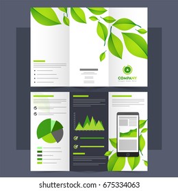 Ecological Tri-Fold Leaflet, Brochure or Template with green leaves and statistical infographic element.