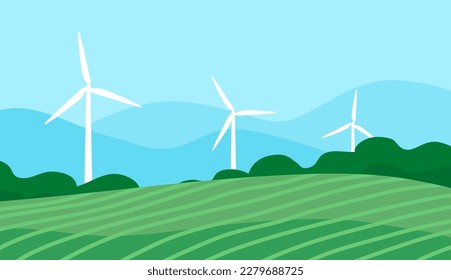 Ecological turbine wind generator on green fields. Natural electricity. Caring for the environment and an alternative source of energy. Vector illustration