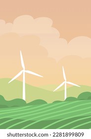 Ecological turbine wind generator on green fields. Natural electricity. Caring for the environment and an alternative source of energy. Vector illustration